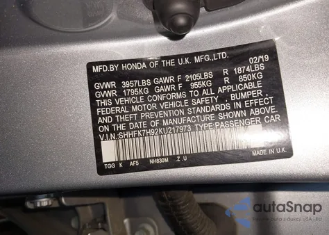 2019 Honda Civic Sport Touring из США, поврежденный, VIN SHHFK7H92KU217973